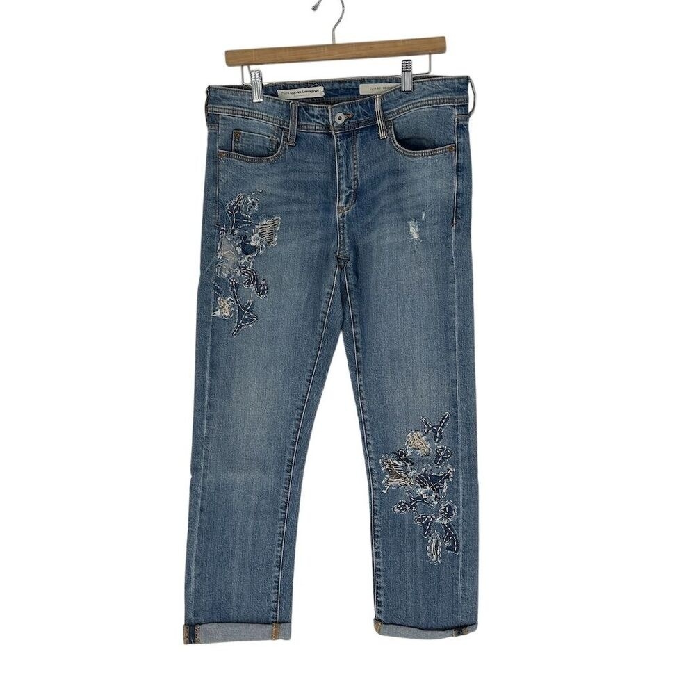 Anthro Pilcro Slim Boyfriend Embroidered Patchwork Floral Jeans Size 28 - Picture 7 of 15